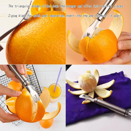 2PCS Stainless Steel Orange Peeler，Grapefruit Peeler，Easy to Peel, Long Handle Orange Citrus Peeler Tool, Triangular-Blade & Zigzag-Shovel Orange Peeler Gadget(2PCS).