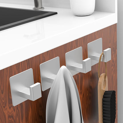 Adhesive Towel Hooks, 4 Pack Sticky Hooks for Hanging Heavy Duty, Coat/Towel Hooks Wall Hooks for Bathroom Kitchen Hotel (Silver).