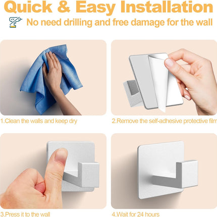 Adhesive Towel Hooks, 4 Pack Sticky Hooks for Hanging Heavy Duty, Coat/Towel Hooks Wall Hooks for Bathroom Kitchen Hotel (Silver).