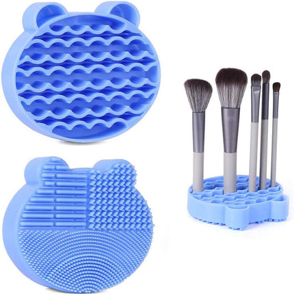 Makeup Brush Cleaning Mat, 2 in 1 Silicone Brush Cleaner Pad with Brushes Drying Holder,Portable Travel Cosmetic Brush Dryer Pad Washing Tool, Blue.