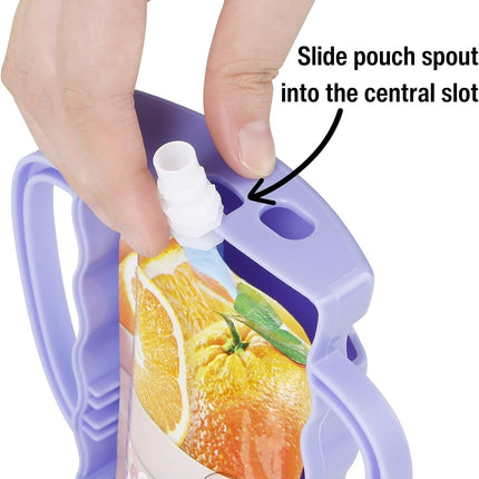 2 Pack Pouch Holder No Squeeze, Baby Food Pouch Juice Boxe Holder with Handle for Food Pouches and Drinks, Blue/Purple.