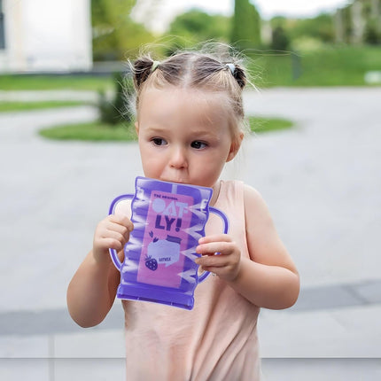 2 Pack Pouch Holder No Squeeze, Baby Food Pouch Juice Boxe Holder with Handle for Food Pouches and Drinks, Blue/Purple.