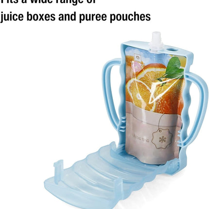 2 Pack Pouch Holder No Squeeze, Baby Food Pouch Juice Boxe Holder with Handle for Food Pouches and Drinks, Blue/Purple.