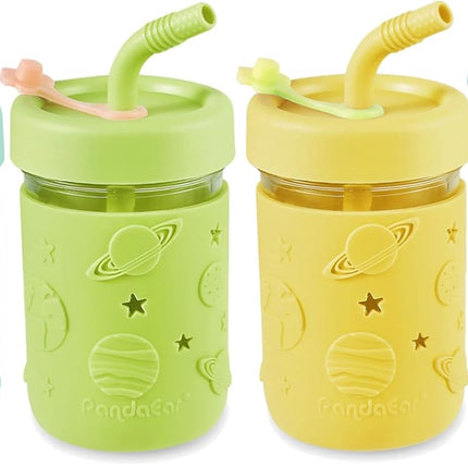 Kids & Toddler Glass Cups, 4 Pack Glass Mason Jar Cups 8.45 oz with Silicone Sleeves & Straws, Toddler Spill-Proof Smoothie & Snack Cups.