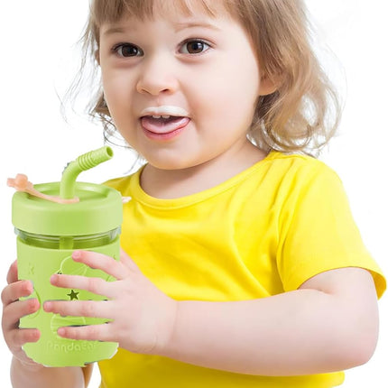 Kids & Toddler Glass Cups, 4 Pack Glass Mason Jar Cups 8.45 oz with Silicone Sleeves & Straws, Toddler Spill-Proof Smoothie & Snack Cups.