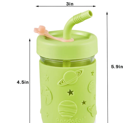 Kids & Toddler Glass Cups, 4 Pack Glass Mason Jar Cups 8.45 oz with Silicone Sleeves & Straws, Toddler Spill-Proof Smoothie & Snack Cups.