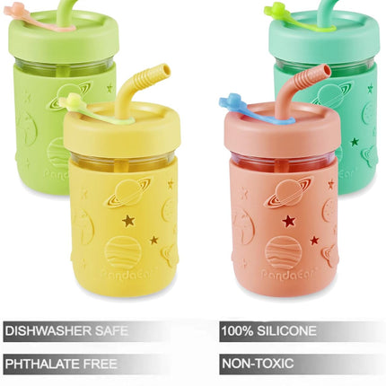 Kids & Toddler Glass Cups, 4 Pack Glass Mason Jar Cups 8.45 oz with Silicone Sleeves & Straws, Toddler Spill-Proof Smoothie & Snack Cups.