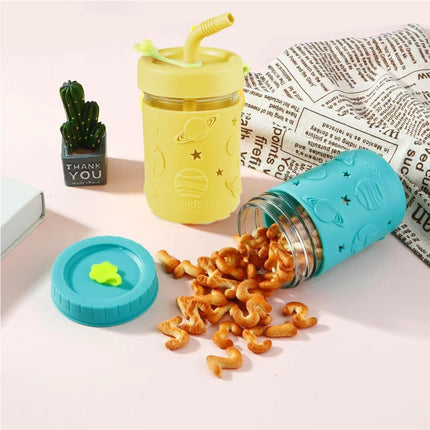 Kids & Toddler Glass Cups, 4 Pack Glass Mason Jar Cups 8.45 oz with Silicone Sleeves & Straws, Toddler Spill-Proof Smoothie & Snack Cups.