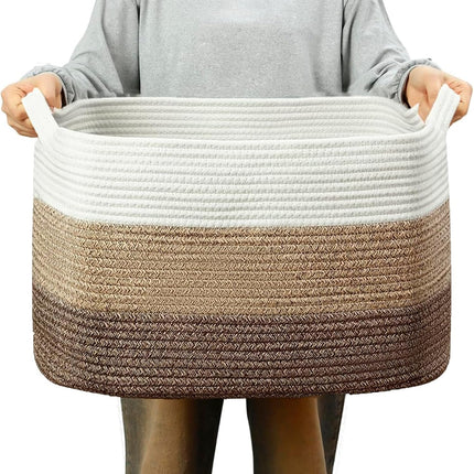 Large Storage Basket with Handles, Rectangle Woven Storage Basket, Cotton Rope Basket, Bathroom Basket, Square Organizing Baskets for Living Room, Baby Nursery Laundry Basket Toy Basket.
