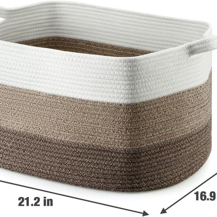 Large Storage Basket with Handles, Rectangle Woven Storage Basket, Cotton Rope Basket, Bathroom Basket, Square Organizing Baskets for Living Room, Baby Nursery Laundry Basket Toy Basket.