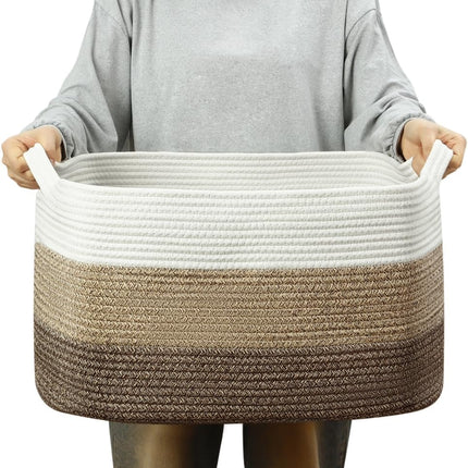 Large Storage Basket with Handles, Rectangle Woven Storage Basket, Cotton Rope Basket, Bathroom Basket, Square Organizing Baskets for Living Room, Baby Nursery Laundry Basket Toy Basket.