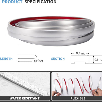 30 Ft Peel and Stick Flexible Vinyl Molding Trim for Wall Tile Edges, Kitchen backsplash, Mirrior Frame in Sliver.