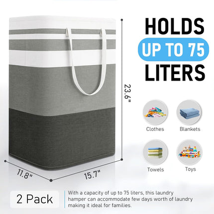 Freestanding Laundry Basket Collapsible Laundry Hamper 2-Pack Large Clothes Storage Bin Foldable Laundry Baskets for Bedroom, Bathroom, Laundry Room.