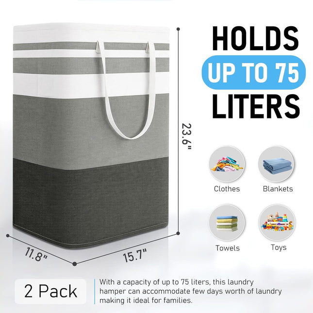 Freestanding Laundry Basket Collapsible Laundry Hamper 2-Pack Large Clothes Storage Bin Foldable Laundry Baskets for Bedroom, Bathroom, Laundry Room.