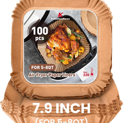 Air Fryer Paper Liners Disposable:  100Pcs Parchment Baking Paper for 8Inch/20cm 5-8QT Square Air Fryer, Food Grade Non-Stick Liners Accessories for Microwave Roasting (Log Color).