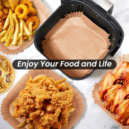 Air Fryer Paper Liners Disposable:  100Pcs Parchment Baking Paper for 8Inch/20cm 5-8QT Square Air Fryer, Food Grade Non-Stick Liners Accessories for Microwave Roasting (Log Color).