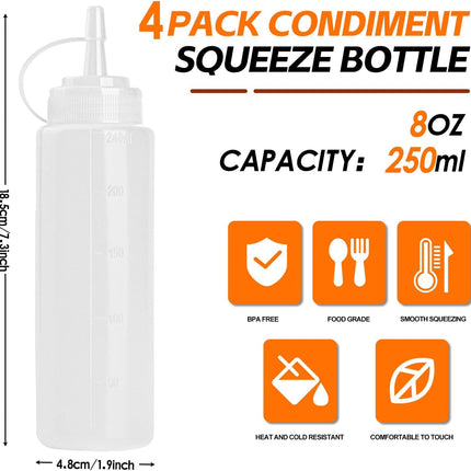 4 Pcs 8 oz Condiment Squeeze Bottles for Sauce, Plastic Squeeze Bottles, Squirt Bottle Oil Container Dispenser for Ketchup, Sauce, BBQ, Grilling, Salad Dressing, Honey,Paint and Craft.