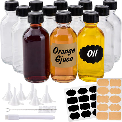 12 Pack 2oz Small Clear Glass Bottles with Caps, 60ml Glass Juice Bottles, Wellness Shot Bottles with Funnels, Stickers and Brush, Mini Liquor Bottles for Juice, Water, Ginger, Whiskey, Potion, Sample.