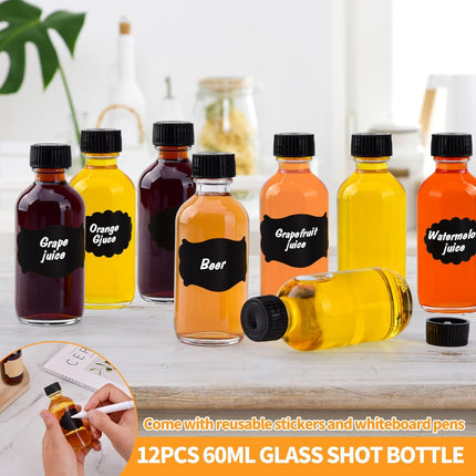 12 Pack 2oz Small Clear Glass Bottles with Caps, 60ml Glass Juice Bottles, Wellness Shot Bottles with Funnels, Stickers and Brush, Mini Liquor Bottles for Juice, Water, Ginger, Whiskey, Potion, Sample.