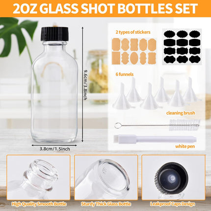 12 Pack 2oz Small Clear Glass Bottles with Caps, 60ml Glass Juice Bottles, Wellness Shot Bottles with Funnels, Stickers and Brush, Mini Liquor Bottles for Juice, Water, Ginger, Whiskey, Potion, Sample.