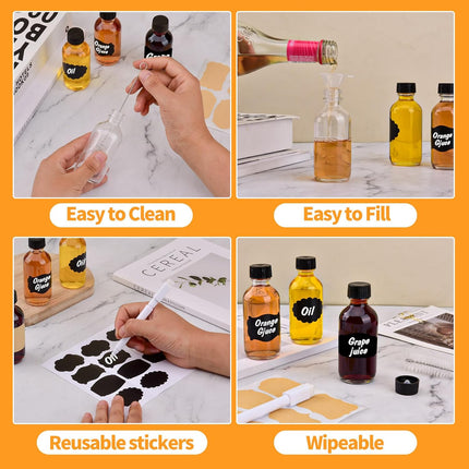 12 Pack 2oz Small Clear Glass Bottles with Caps, 60ml Glass Juice Bottles, Wellness Shot Bottles with Funnels, Stickers and Brush, Mini Liquor Bottles for Juice, Water, Ginger, Whiskey, Potion, Sample.