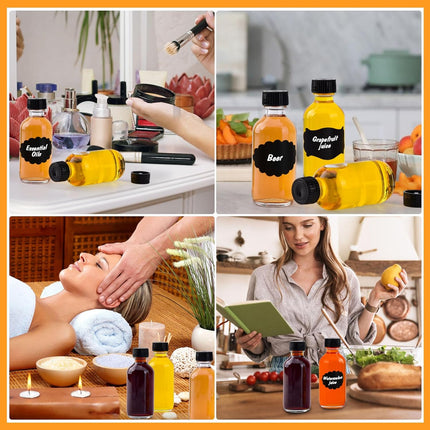 12 Pack 2oz Small Clear Glass Bottles with Caps, 60ml Glass Juice Bottles, Wellness Shot Bottles with Funnels, Stickers and Brush, Mini Liquor Bottles for Juice, Water, Ginger, Whiskey, Potion, Sample.