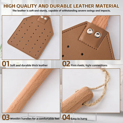 2 Pcs Leather Fly Swatter with Wood Handle, Durable Heavy Duty Fly Insects Catcher for Indoor Outdoor, Wooden Design Fly Killer Pest Control Bug Swatter Manual for Spiders, Flies, Bees, Mosquitoes.