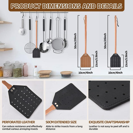 2 Pcs Leather Fly Swatter with Wood Handle, Durable Heavy Duty Fly Insects Catcher for Indoor Outdoor, Wooden Design Fly Killer Pest Control Bug Swatter Manual for Spiders, Flies, Bees, Mosquitoes.