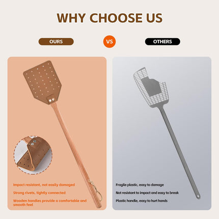 2 Pcs Leather Fly Swatter with Wood Handle, Durable Heavy Duty Fly Insects Catcher for Indoor Outdoor, Wooden Design Fly Killer Pest Control Bug Swatter Manual for Spiders, Flies, Bees, Mosquitoes.
