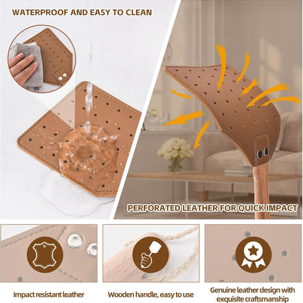 2 Pcs Leather Fly Swatter with Wood Handle, Durable Heavy Duty Fly Insects Catcher for Indoor Outdoor, Wooden Design Fly Killer Pest Control Bug Swatter Manual for Spiders, Flies, Bees, Mosquitoes.