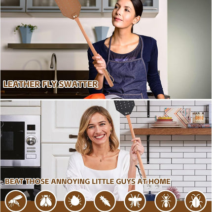 2 Pcs Leather Fly Swatter with Wood Handle, Durable Heavy Duty Fly Insects Catcher for Indoor Outdoor, Wooden Design Fly Killer Pest Control Bug Swatter Manual for Spiders, Flies, Bees, Mosquitoes.