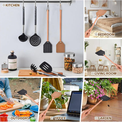 2 Pcs Leather Fly Swatter with Wood Handle, Durable Heavy Duty Fly Insects Catcher for Indoor Outdoor, Wooden Design Fly Killer Pest Control Bug Swatter Manual for Spiders, Flies, Bees, Mosquitoes.