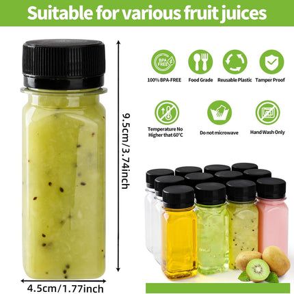 12 pcs 2oz Small Plastic Juice Bottles with Lids，Reusable Leak proof Ginger Shots Bottle with Black caps, Wellness Mini Jars Plastic Containers for Smoothie, Water, Milk and Other Beverages.