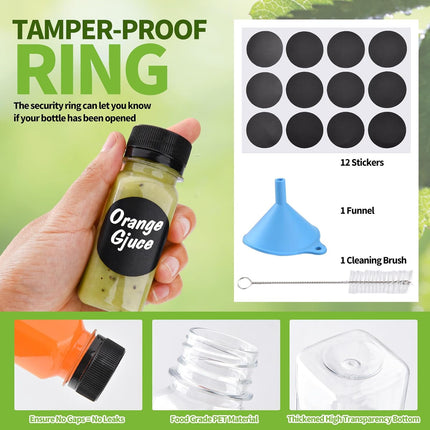 12 pcs 2oz Small Plastic Juice Bottles with Lids，Reusable Leak proof Ginger Shots Bottle with Black caps, Wellness Mini Jars Plastic Containers for Smoothie, Water, Milk and Other Beverages.