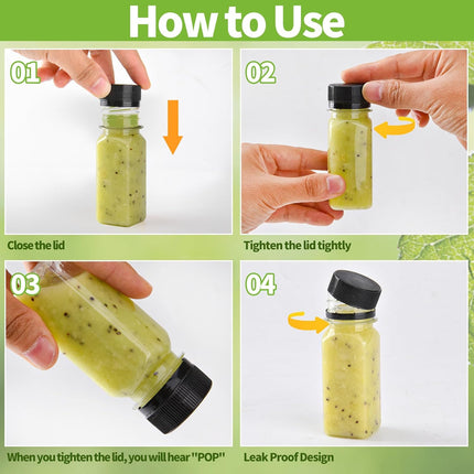 12 pcs 2oz Small Plastic Juice Bottles with Lids，Reusable Leak proof Ginger Shots Bottle with Black caps, Wellness Mini Jars Plastic Containers for Smoothie, Water, Milk and Other Beverages.