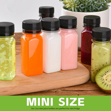 12 pcs 2oz Small Plastic Juice Bottles with Lids，Reusable Leak proof Ginger Shots Bottle with Black caps, Wellness Mini Jars Plastic Containers for Smoothie, Water, Milk and Other Beverages.