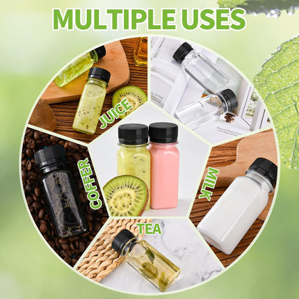 12 pcs 2oz Small Plastic Juice Bottles with Lids，Reusable Leak proof Ginger Shots Bottle with Black caps, Wellness Mini Jars Plastic Containers for Smoothie, Water, Milk and Other Beverages.