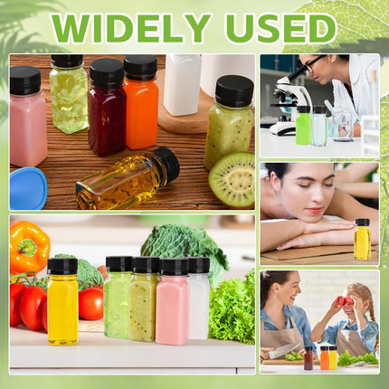 12 pcs 2oz Small Plastic Juice Bottles with Lids，Reusable Leak proof Ginger Shots Bottle with Black caps, Wellness Mini Jars Plastic Containers for Smoothie, Water, Milk and Other Beverages.