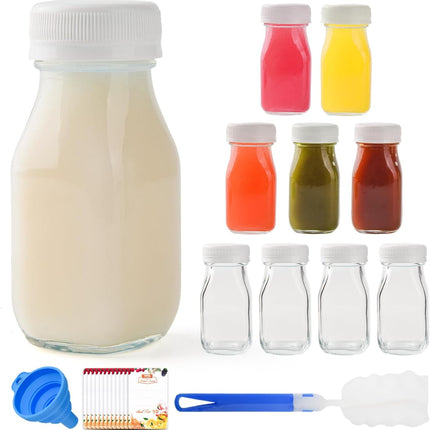 9pcs 100ml Small Glass Milk Bottles, Shot Bottles with Lids, Clear Mini Bottles Juice Shot Bottles Storage Bottle Drinking Container for Refrigerator Party School Picnics Wedding Travel.