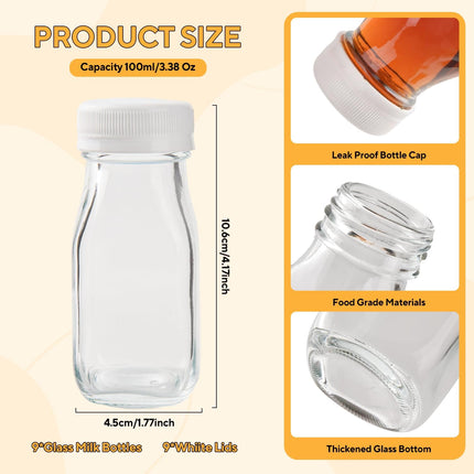 9pcs 100ml Small Glass Milk Bottles, Shot Bottles with Lids, Clear Mini Bottles Juice Shot Bottles Storage Bottle Drinking Container for Refrigerator Party School Picnics Wedding Travel.
