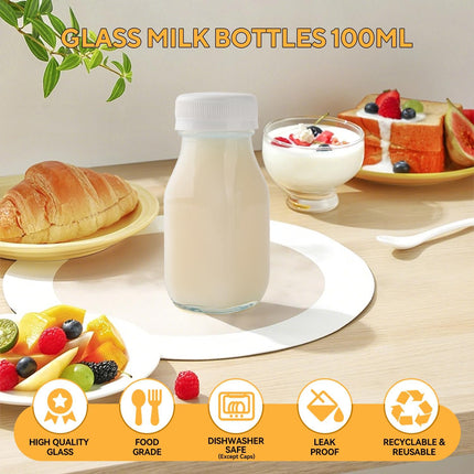 9pcs 100ml Small Glass Milk Bottles, Shot Bottles with Lids, Clear Mini Bottles Juice Shot Bottles Storage Bottle Drinking Container for Refrigerator Party School Picnics Wedding Travel.