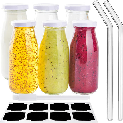6Pcs 250ml Glass Milk Bottles with Lids, Small Glass Juice Bottles Reusable Glass Milk Jars Mini Milk Bottles with Lids，Glass Straws，Labels and Whiteboard Pen for Beverages, Weddings Decoration.