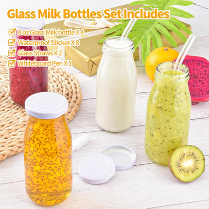 6Pcs 250ml Glass Milk Bottles with Lids, Small Glass Juice Bottles Reusable Glass Milk Jars Mini Milk Bottles with Lids，Glass Straws，Labels and Whiteboard Pen for Beverages, Weddings Decoration.