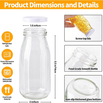 6Pcs 250ml Glass Milk Bottles with Lids, Small Glass Juice Bottles Reusable Glass Milk Jars Mini Milk Bottles with Lids，Glass Straws，Labels and Whiteboard Pen for Beverages, Weddings Decoration.