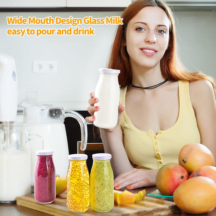 6Pcs 250ml Glass Milk Bottles with Lids, Small Glass Juice Bottles Reusable Glass Milk Jars Mini Milk Bottles with Lids，Glass Straws，Labels and Whiteboard Pen for Beverages, Weddings Decoration.