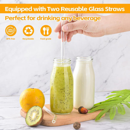 6Pcs 250ml Glass Milk Bottles with Lids, Small Glass Juice Bottles Reusable Glass Milk Jars Mini Milk Bottles with Lids，Glass Straws，Labels and Whiteboard Pen for Beverages, Weddings Decoration.