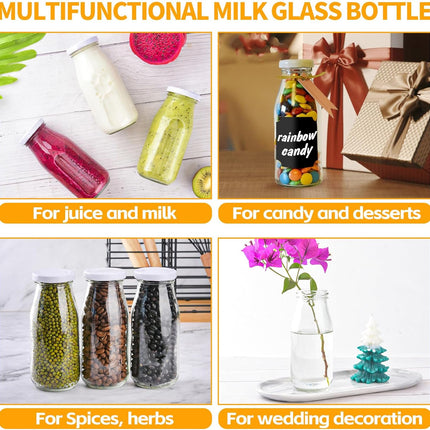 6Pcs 250ml Glass Milk Bottles with Lids, Small Glass Juice Bottles Reusable Glass Milk Jars Mini Milk Bottles with Lids，Glass Straws，Labels and Whiteboard Pen for Beverages, Weddings Decoration.