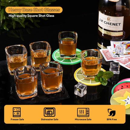 6 Pack 2oz Heavy Base Shot Glasses Set, Square Clear Shot Glasses Bulk, Tequila Shot Glass Small Bar Cart Accessories Espresso Shot Glass Holder for Spirits & Liquors, Whiskey, Vodka, Tequila, Party.