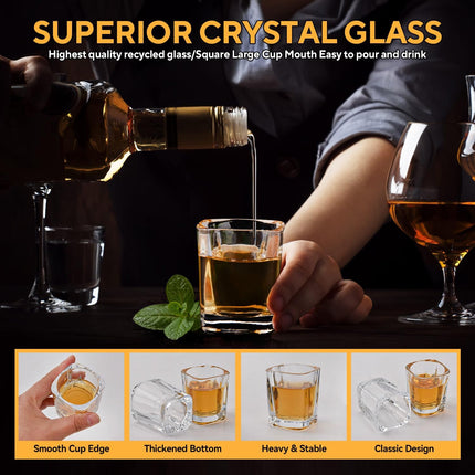 6 Pack 2oz Heavy Base Shot Glasses Set, Square Clear Shot Glasses Bulk, Tequila Shot Glass Small Bar Cart Accessories Espresso Shot Glass Holder for Spirits & Liquors, Whiskey, Vodka, Tequila, Party.