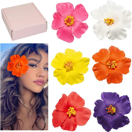 Hawaiian Flower Hair Clips for Women, 6Pcs Hibiscus Hair Clips for Thick Thin Hair, 3.5 Inch Artificial Flower Clips for Vacation Beach Party.